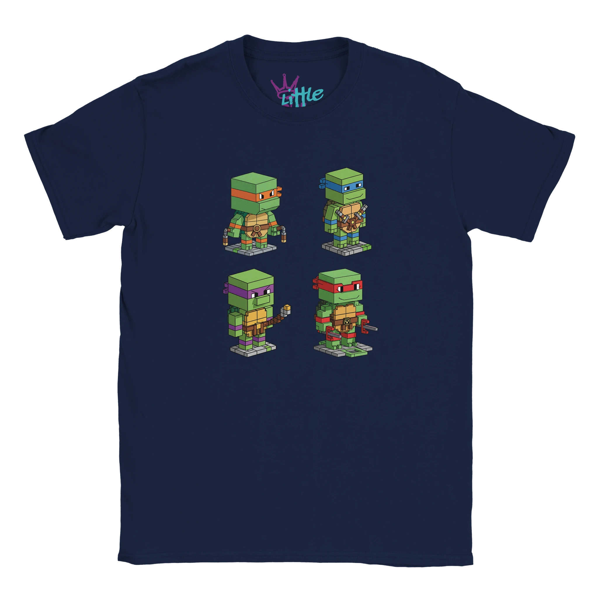 The Little Cult Turtle Mine x Mined Kids T-Shirt is a navy blue tee with voxel art of all four Teenage Mutant Ninja Turtles, each in their signature masks and weapons, displayed in a 2x2 grid on the chest.