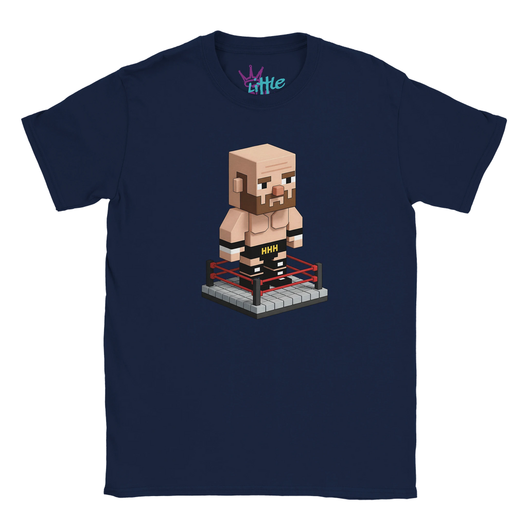The Game Triple Voxel x Mined Kids T-Shirt by Little Cult features a pixel-style wrestler inspired by Triple H in a navy blue color, designed for Minecraft fans who love unique wrestling themes.