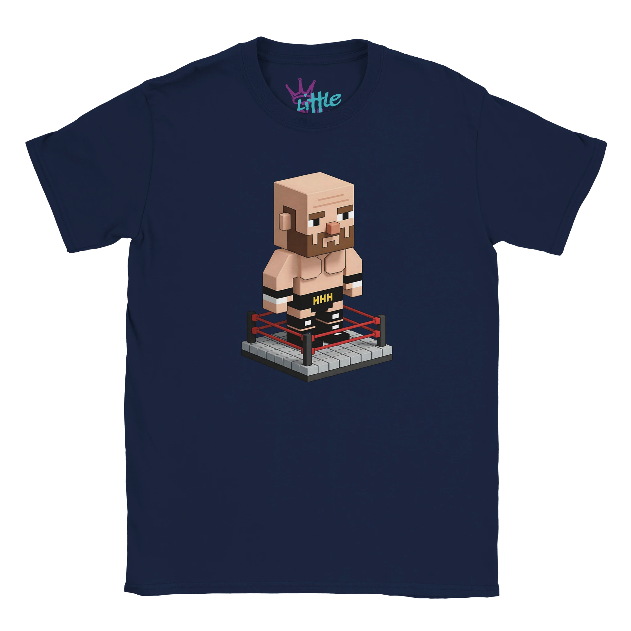 The Game Triple Voxel x Mined Kids T-Shirt by Little Cult features a pixel-style wrestler inspired by Triple H in a navy blue color, designed for Minecraft fans who love unique wrestling themes.