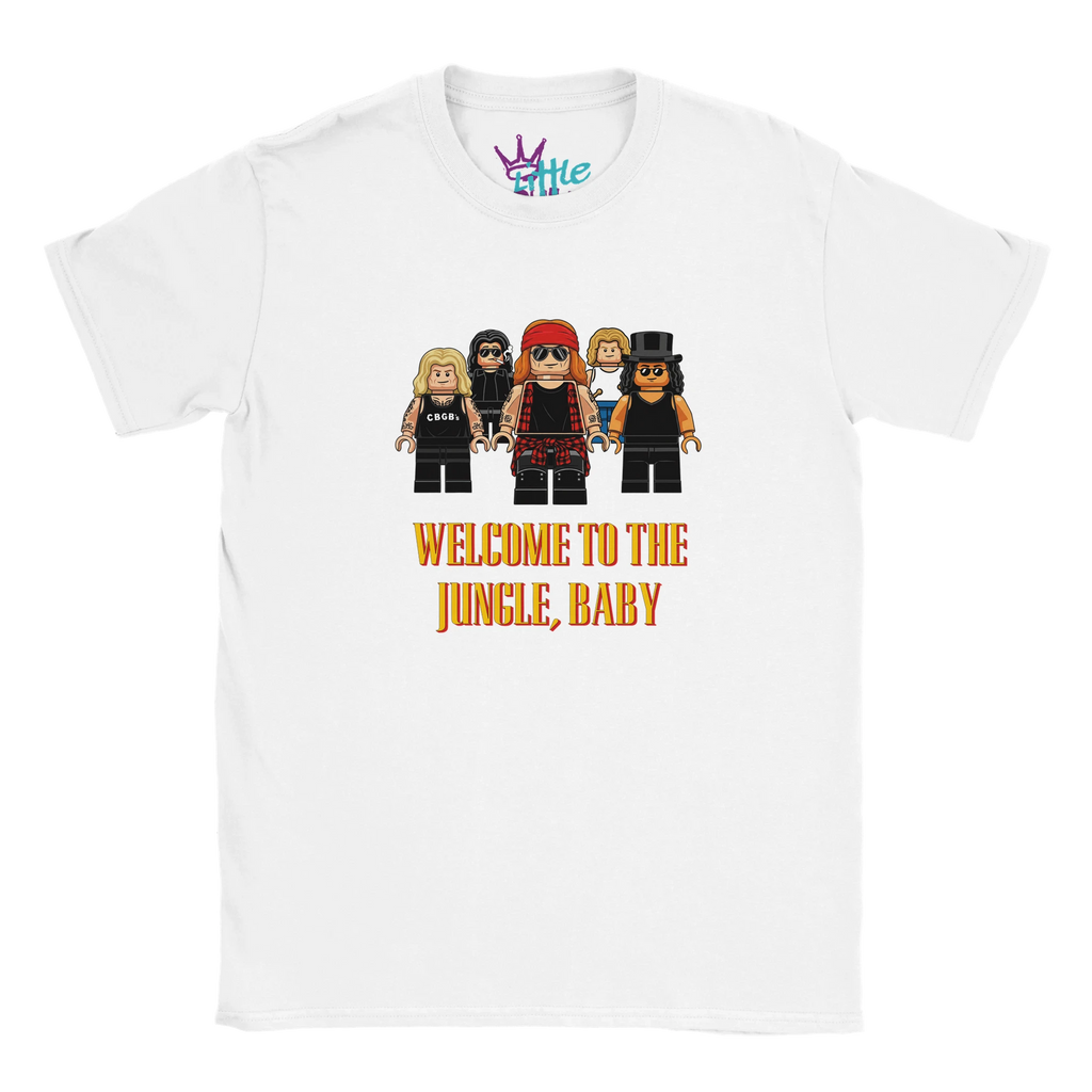 The Appetite for Bricks x Blocks Kids T-Shirt by Little Cult features five LEGO-style rockers and bold “WELCOME TO THE JUNGLE, BABY” text—perfect for young Guns N’ Roses fans.