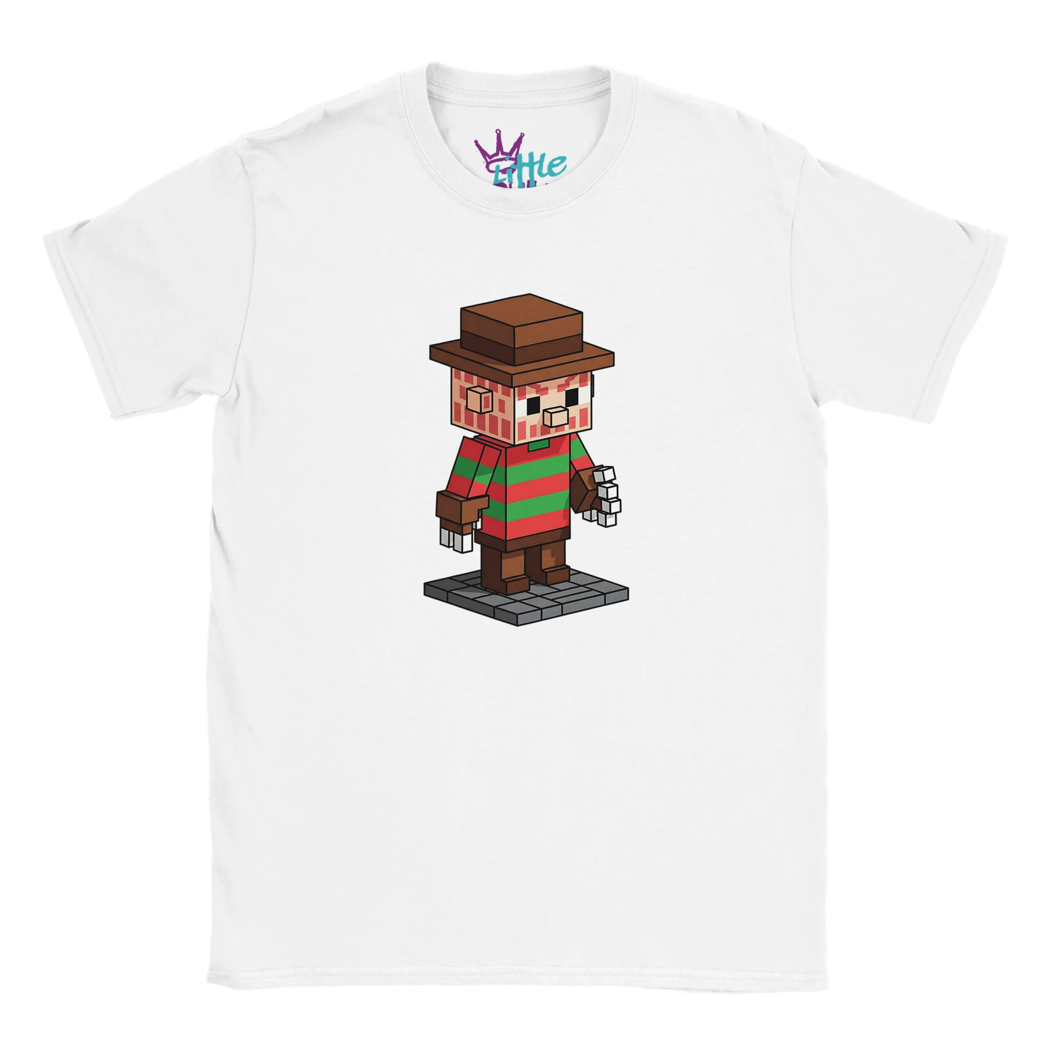 The Nightmare Cobble x Mined Kids T-Shirt by Little Cult features a pixel art Freddy Krueger-inspired design—a brown hat, red and green sweater, and clawed glove—perfect for horror fans seeking unique collectibles.