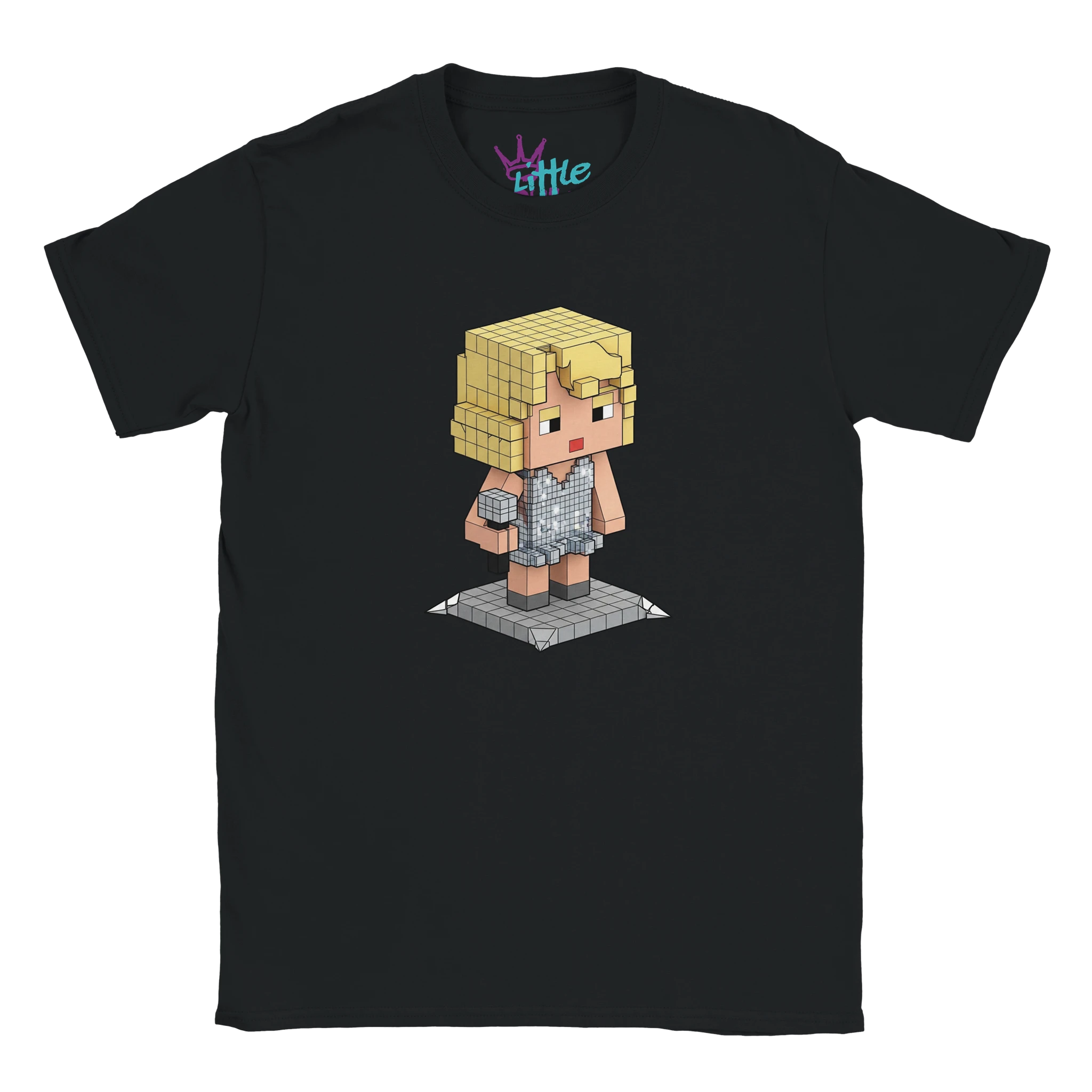 The Heartbreaker Chunk x Mined Kids T-Shirt by Little Cult is a black tee featuring a voxel character with blonde hair in a sparkly silver dress holding a mic on stage—ideal for young Taylor Swift fans. Little appears inside the collar.