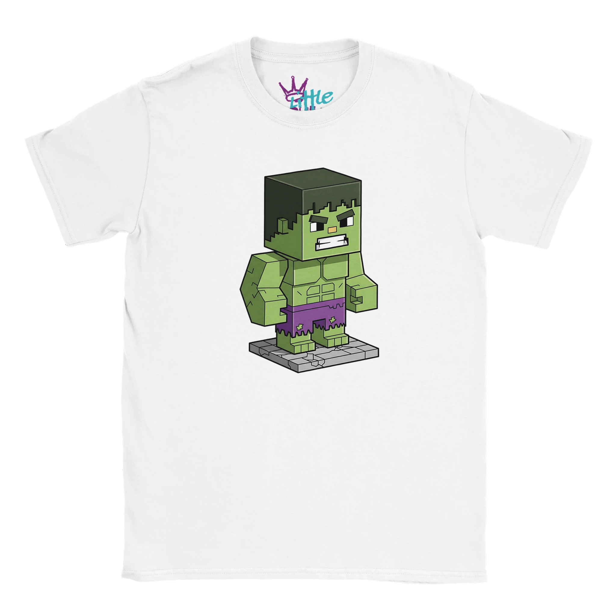 The Gamma Mine x Mined Kids T-Shirt by Little Cult features a blocky cartoon Hulk parody, perfect for Minecraft fans and kids who love fun superhero-inspired clothing.