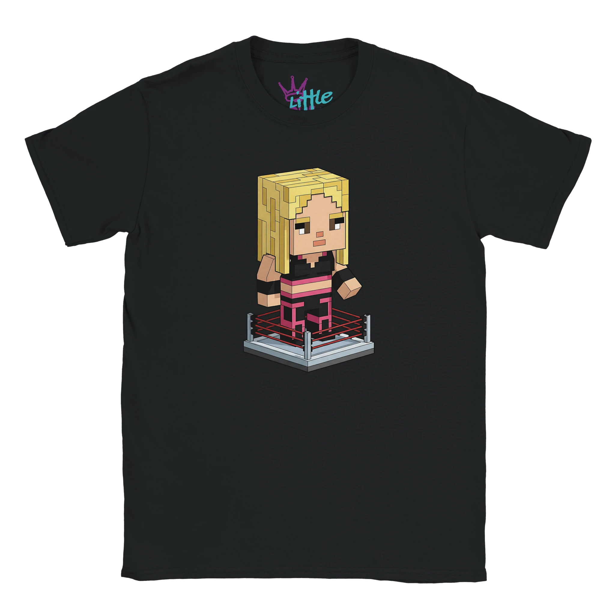 The Rebel Chunk x Mined Kids T-Shirt by Little Cult is a black tee with a pixel art character inspired by Liv Morgan, featuring long blonde hair and a pink and black outfit in a wrestling ring. Little is printed on the inside collar. Perfect for Minecraft fans!.