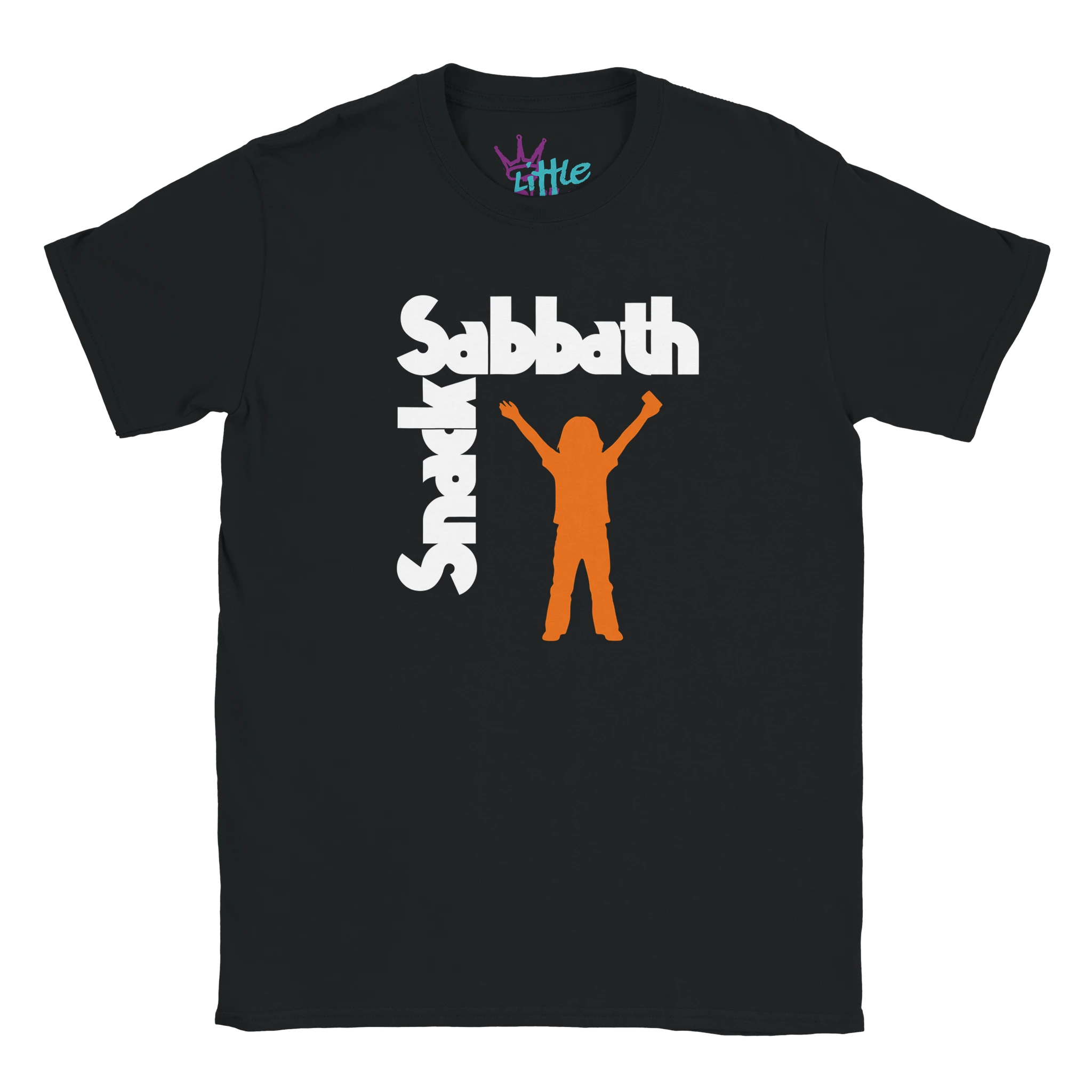 The Little Cult Snack Sabbath x Riffs Kids T-Shirt is a durable unisex black tee with bold white text and an orange child silhouette, all centered for a standout look.