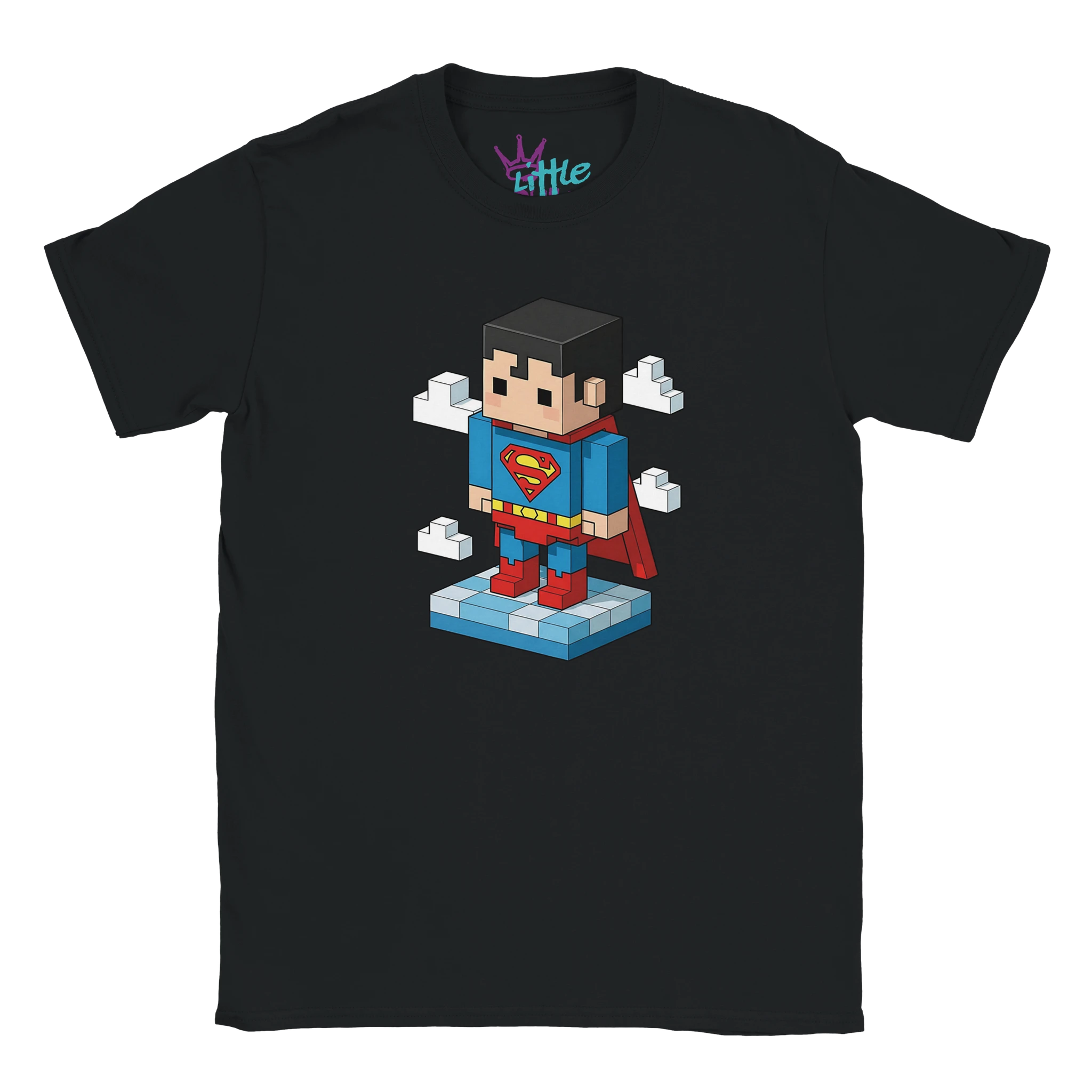 The Man of Voxel x Mined Kids T-Shirt by Little Cult features a voxel art Superman standing on a platform among clouds, with his blue suit, red cape, and S emblem for a bold superhero look.