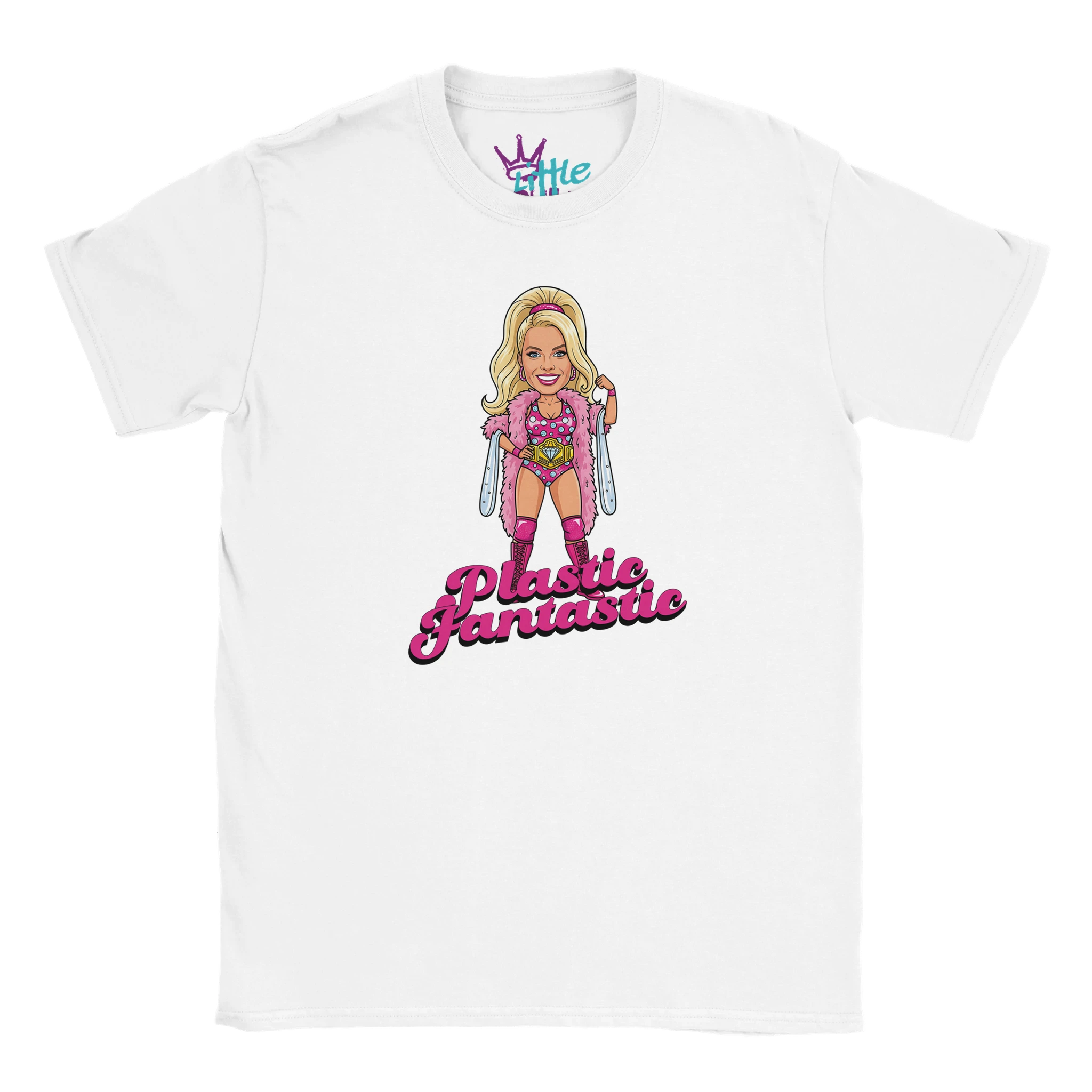 The Plastic Fantastic x Champions Kids T-Shirt by Little Cult features a cartoon blonde woman in pink with ice skates and bold pink Plastic Fantastic text. The tag is adorned with a crown and the Little logo—perfect for fans of playful Barbie wrestling style.