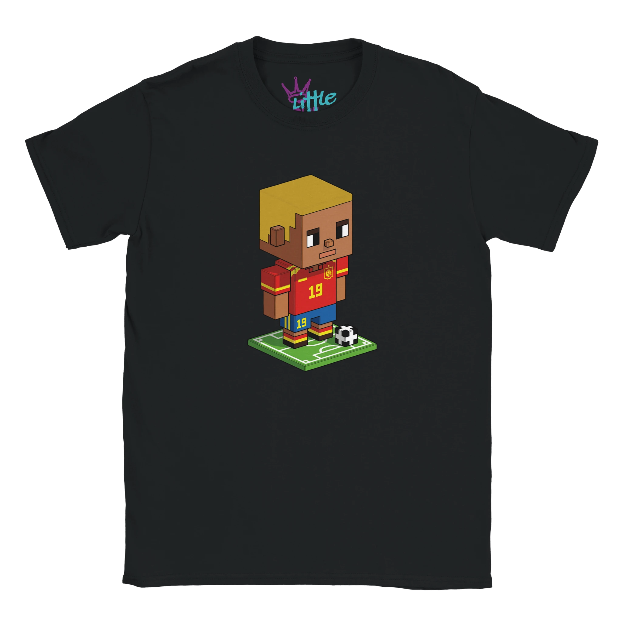 The Prodigy Mine x Mined Kids T-Shirt by Little Cult features a black tee with a voxel-style soccer player in a red #19 jersey on a mini field, perfect for fans of Minecraft-inspired sports designs.