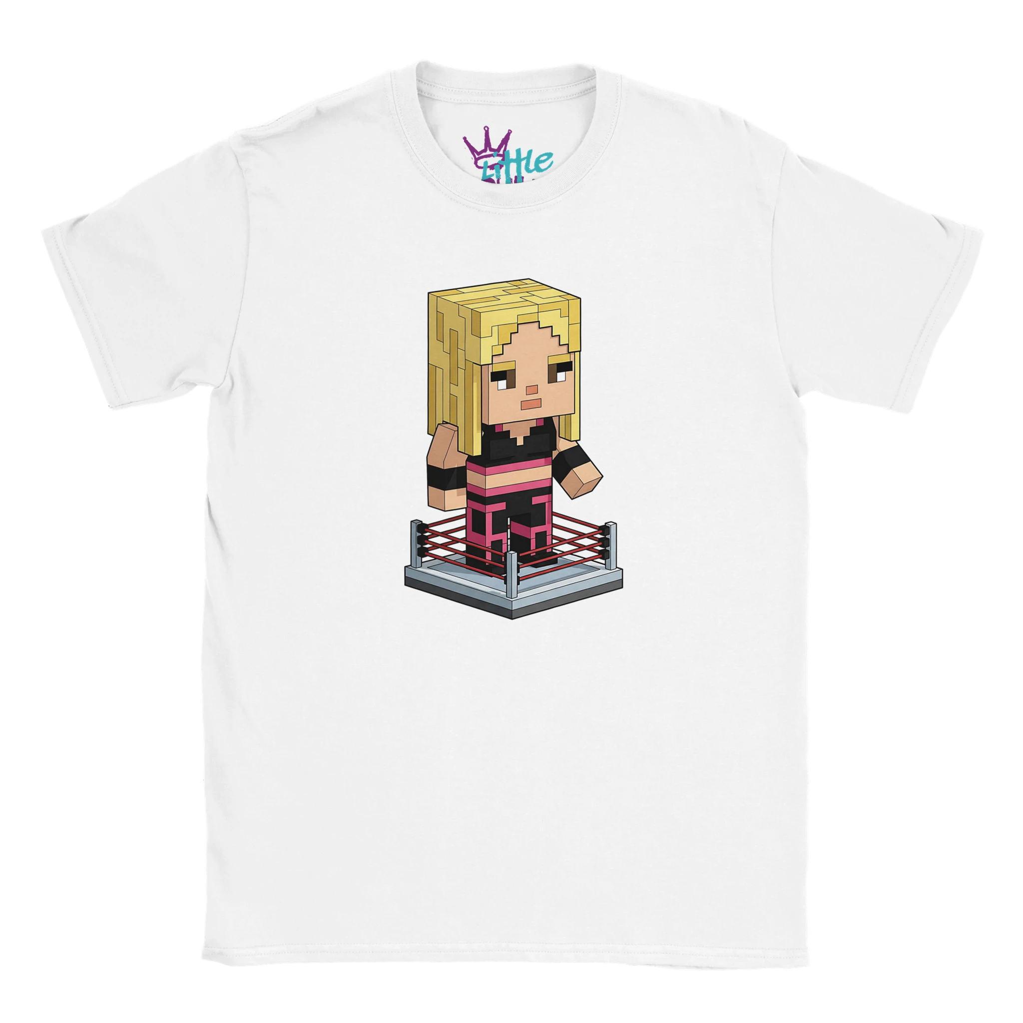 The Rebel Chunk x Mined Kids T-Shirt by Little Cult features a pixel art character inspired by Liv Morgan, with blonde hair and a black-pink outfit inside a wrestling ring—perfect for WWE or Minecraft-loving kids.