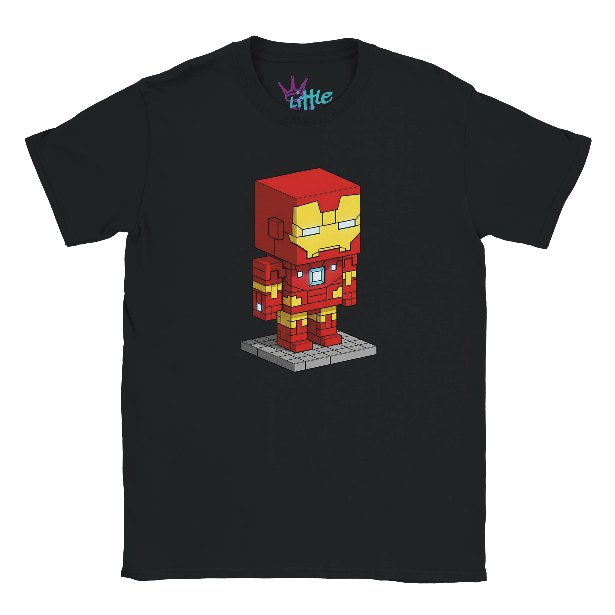 The Little Cult Iron Forge x Mined Kids T-Shirt features a voxel art Iron Man in his red and yellow suit on a gray platform—ideal for fans seeking unique superhero or Minecraft-inspired kids’ clothing.