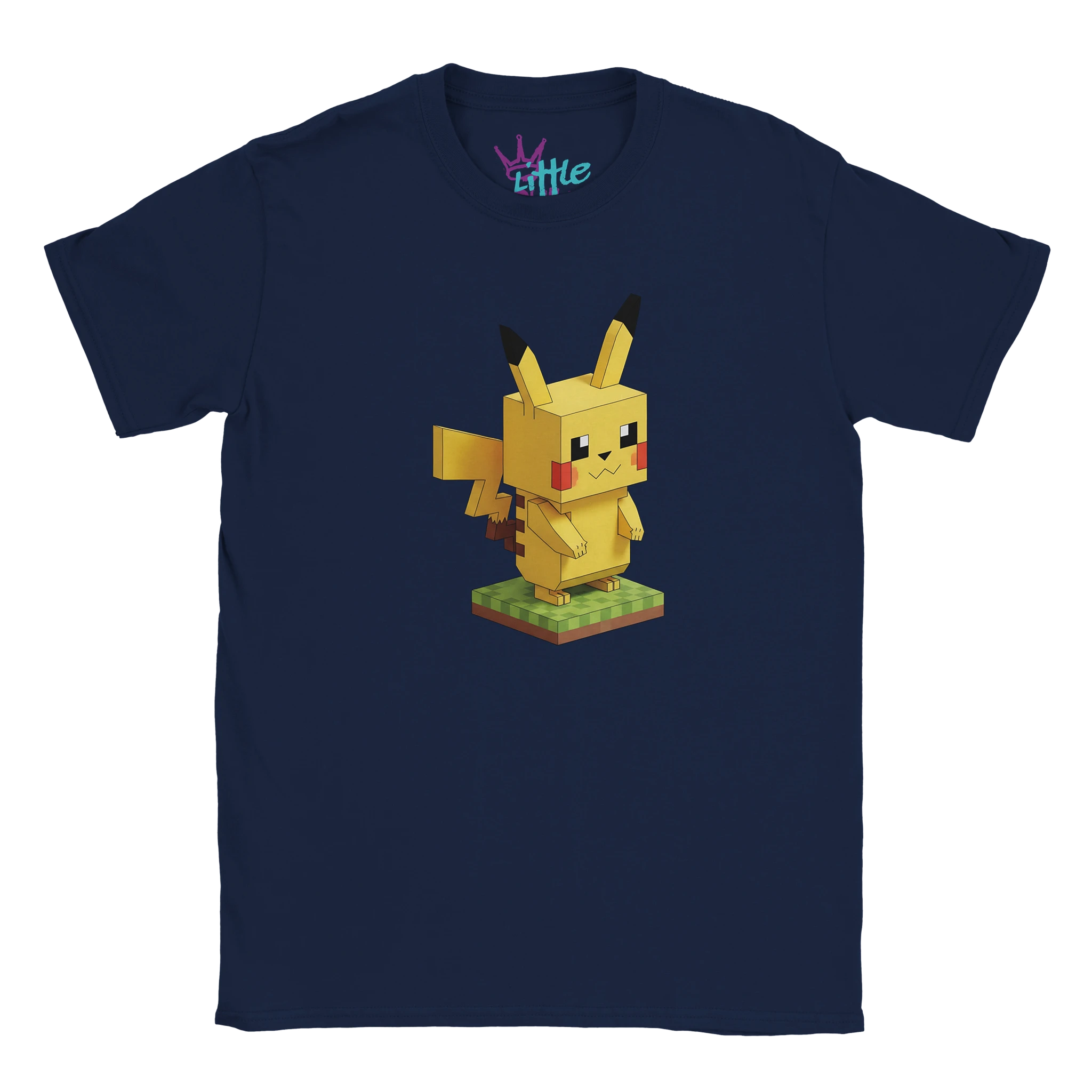 The Electric Voxel x Mined Kids T-Shirt by Little Cult is a navy blue tee with a Minecraft-inspired voxel Pikachu on a grassy platform—an ideal Pokémon graphic shirt for young Minecraft fans.