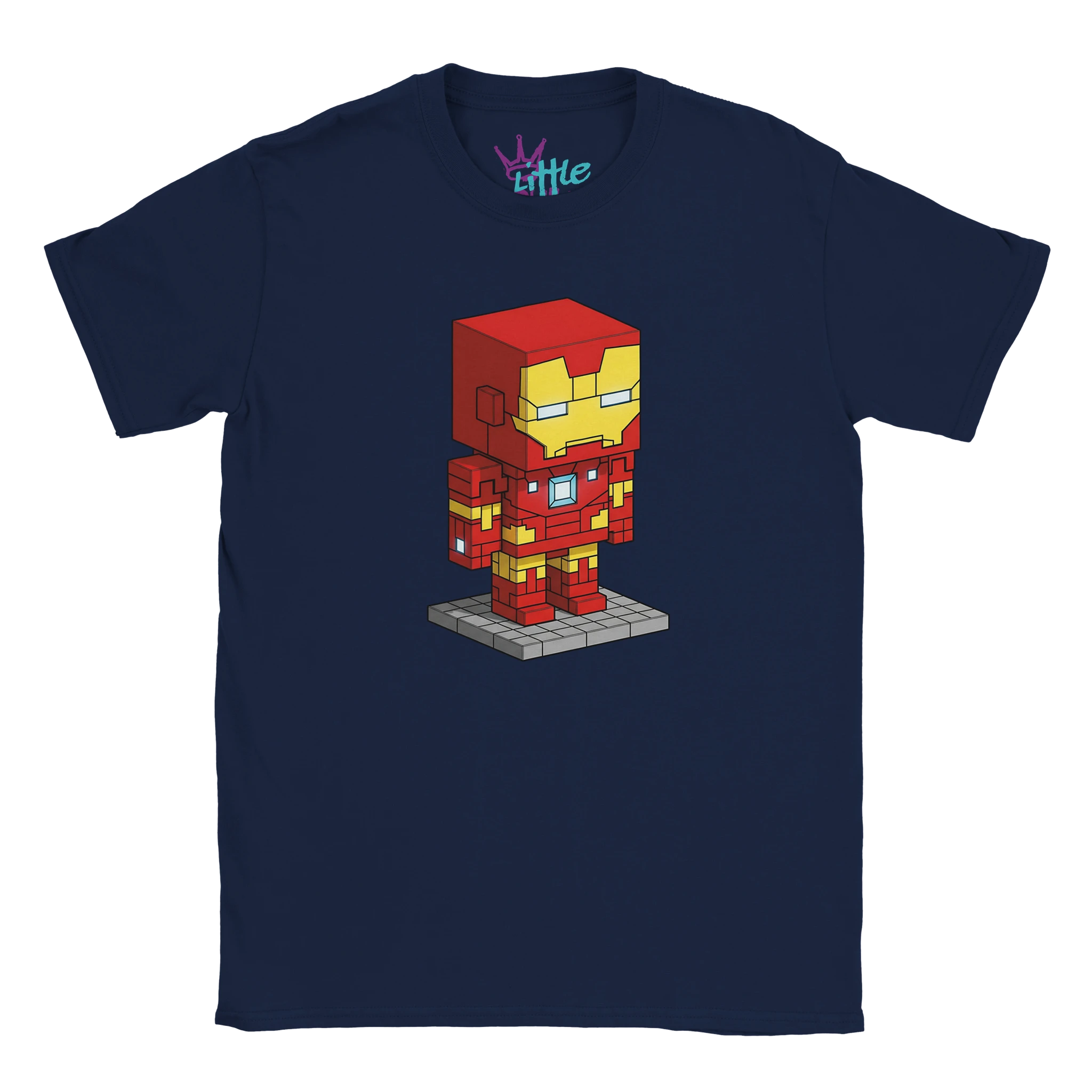 The Iron Forge x Mined Kids T-Shirt by Little Cult features a vibrant navy blue Iron Man pixel art graphic, making it perfect for young fans of Minecraft-inspired superhero adventures.