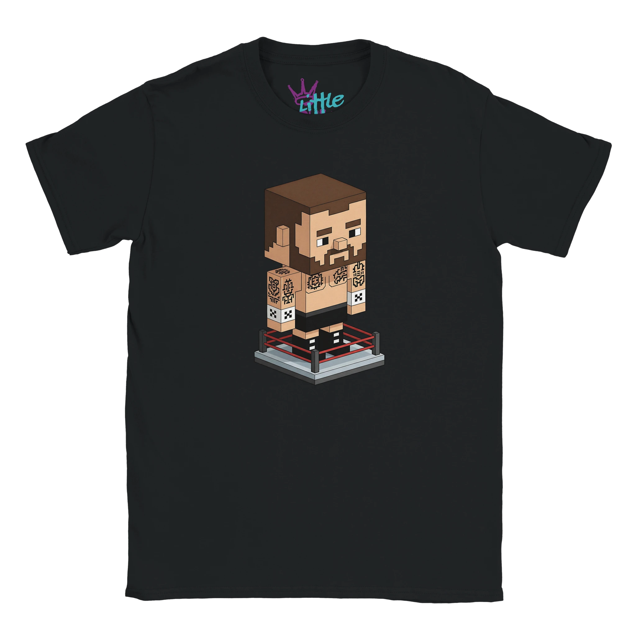 The Punk Stone x Mined Kids T-Shirt by Little Cult features a pixel art wrestler with brown hair and beard in a wrestling ring—perfect for WWE and retro gaming fans who love unique tattooed styles.