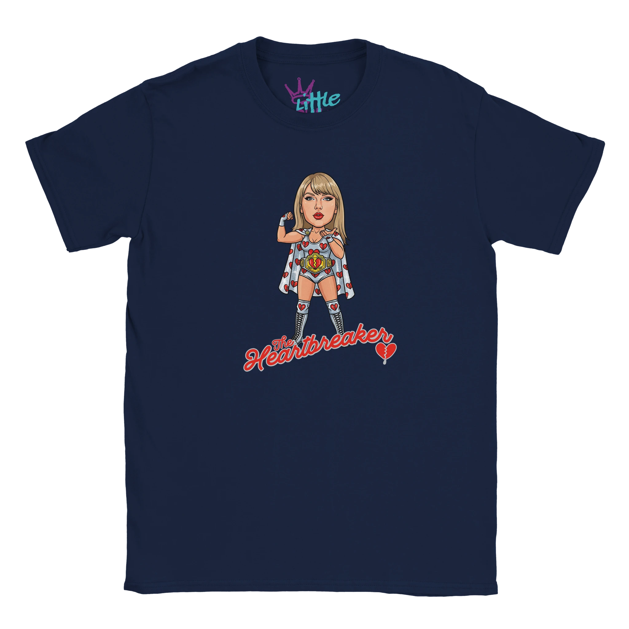 The Little Cult “The Heartbreaker x Champions” Kids T-Shirt features a cartoon superhero woman and red broken heart graphic—ideal for fans looking for unique Taylor Swift-inspired style.
