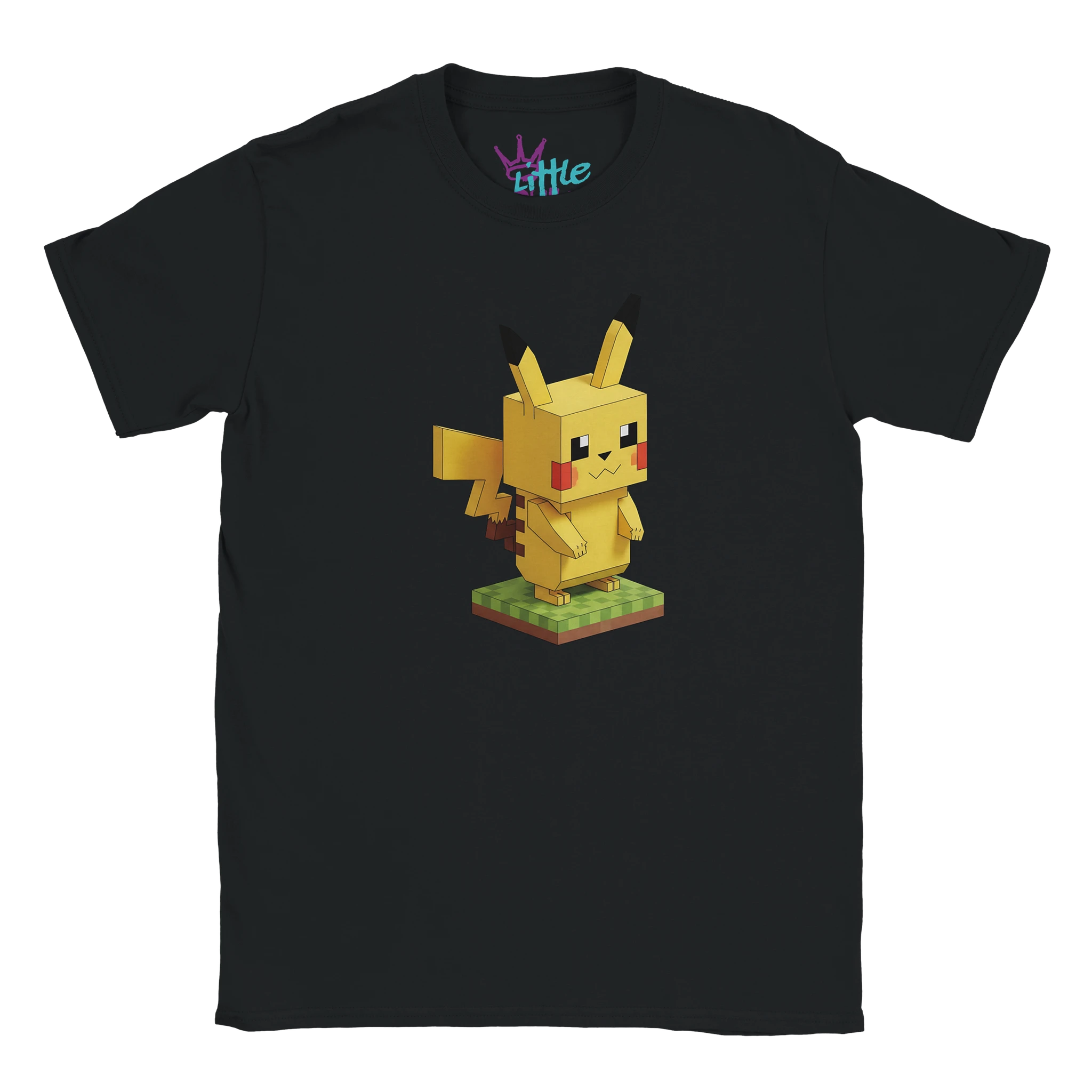 The Little Cult Electric Voxel x Mined Kids T-Shirt features a voxel Pikachu on grass in a Minecraft-inspired style—a playful Pokémon tee perfect for fans of Minecraft kids clothing.