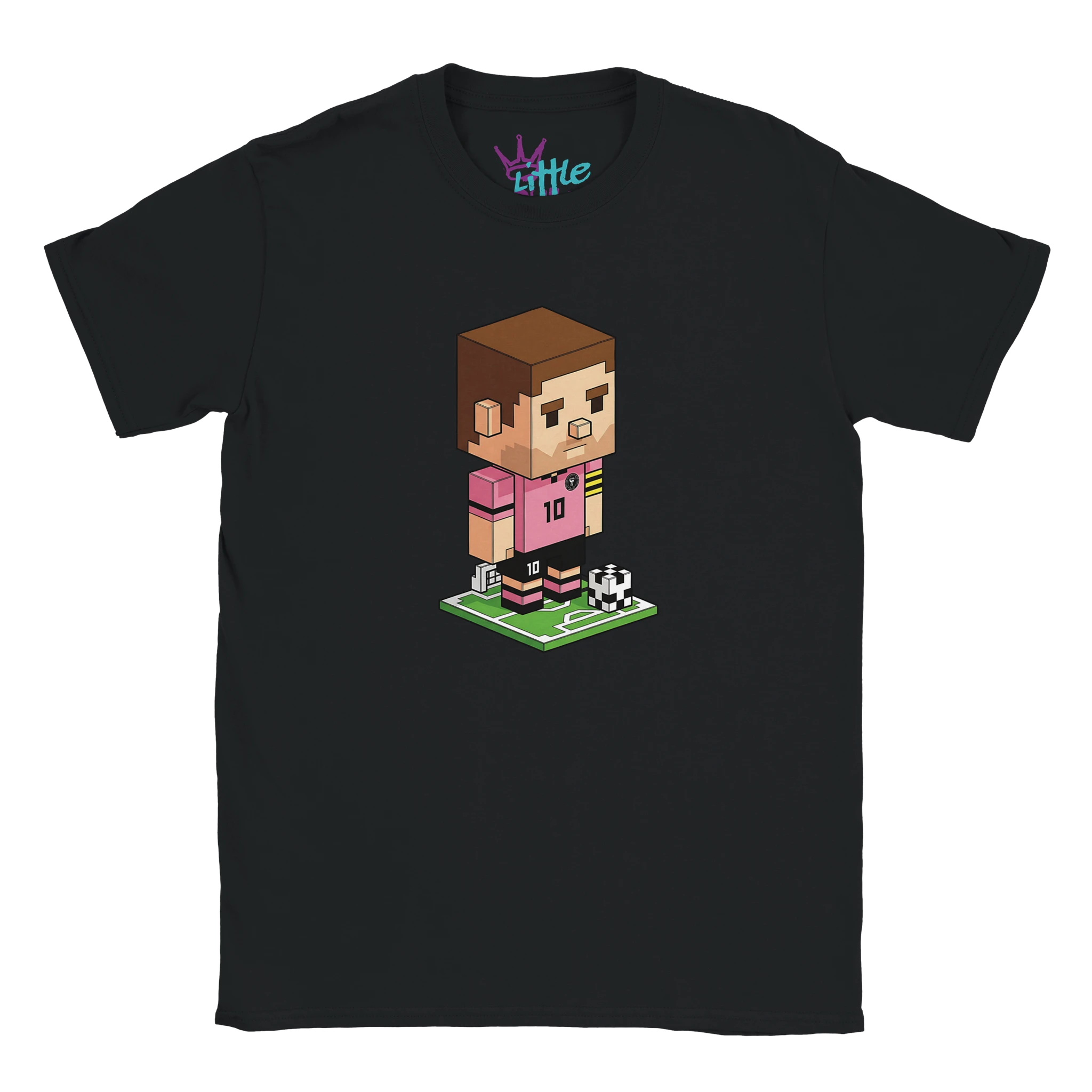 The Miami Craft x Mined Kids T-Shirt by Little Cult features a pixel art Messi in pink Inter Miami gear (#10), standing on a mini soccer field with two soccer balls, all on a black tee.